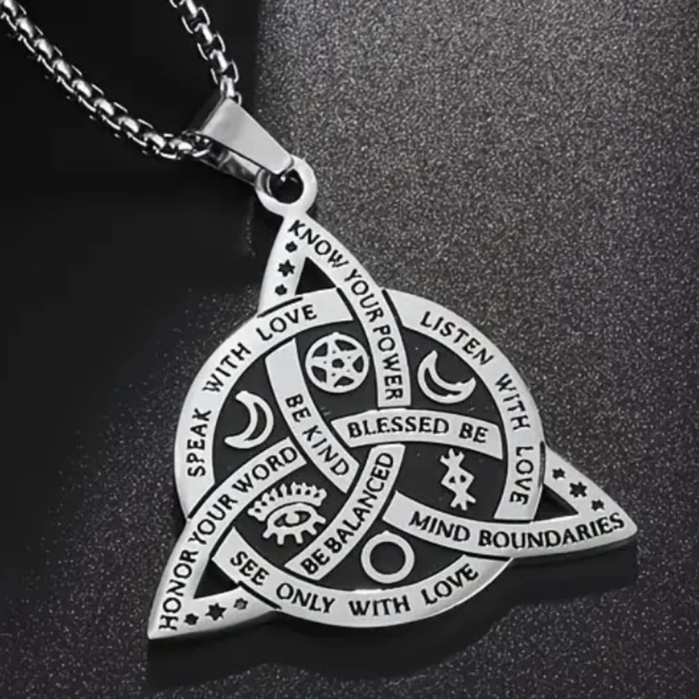 Stainless Steel Triquetra Pendant Necklace with Inspirational Engravings.